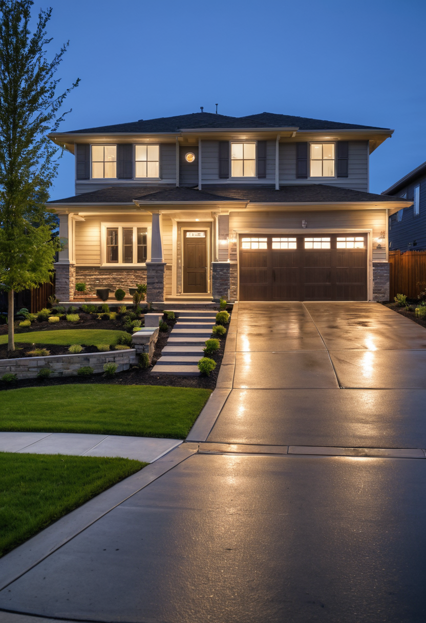 00039-suburban house, dusk, modern architecture, two-story, garage doors, wet driveway, landscaped, front lawn, exterior lighting, cle.png